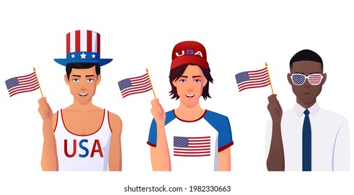 Multicultural men holding an American flag, People wearing USA hat and cloth celebrating independence day.