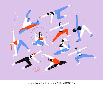 Hombres y mujeres multiculturales hacen yoga. Ilustración vectorial plana sobre un fondo púrpura. Beneficios para la salud del yoga del concepto de cuerpo, mente y emociones