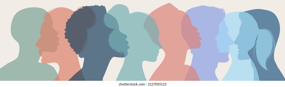 Multikulturelle und multiethnische Gruppen von Männern und Frauen. Person in einer Menschenmenge. Ethnische Gemeinschaft. Diversity Menschen. Freundschaft und Integration zwischen Menschen verschiedener Rassen und Kulturen.
