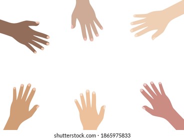 Concepto de integración comunitaria multicultural y multiétnica con manos elevadas. Igualdad racial de diferentes culturas y países de origen. Ilustración vectorial.