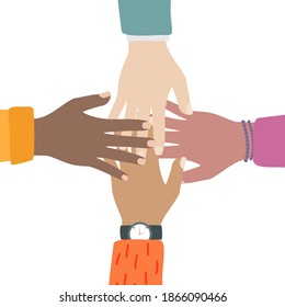 Multicultural and multiethnic people community integration concept with raised human hands. Racial equality of different culture and countries background. Vector Illustration.