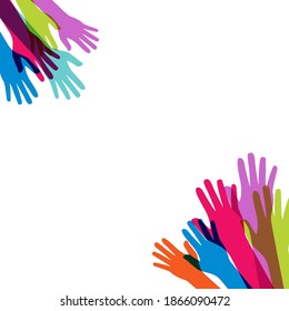 Multicultural and multiethnic people community integration concept with raised human hands. Racial equality of different culture and countries background. Vector Illustration