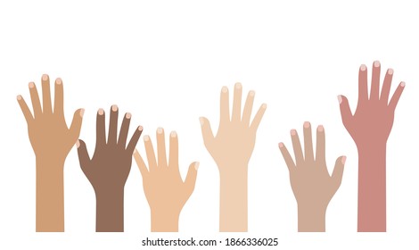 Integrationskonzept für multikulturelle und multiethnische Menschen mit menschlicher Hand. Rassengleichheit unterschiedlicher Kultur und Länderhintergrund. Vektorgrafik.
