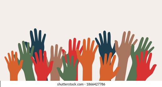 Multicultural and multiethnic people community integration concept with raised human hands. Racial equality of different culture and countries background. Vector Illustration