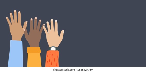 Multicultural and multiethnic people community integration concept with raised human hands. Racial equality of different culture and countries background. Vector Illustration.