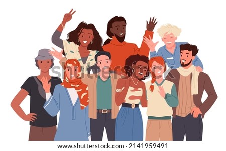 Multicultural and multiethnic team of happy people colleagues standing together vector illustration. Cartoon portrait of group with male and female partners say hello, smile and wave isolated on white