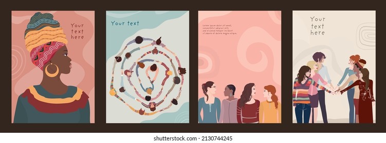 Multicultural and multiethnic women. Group of diversity women and girls. Female social network community. Racial equality. Allyship. Empowerment. Brochure - poster -editable template. Team