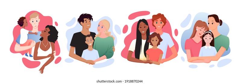 Multicultural multiracial happy family vector illustration. Cartoon parents and kids of different race and culture posing together, smiling with love, father mother and child hugging isolated on white