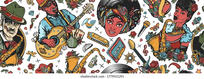 Multicultural musical pattern. Music unites people. Jazz, funk, blues, soul. Musicians lifestyle. African American funky girl, bluesman playing slide guitar, Beautiful black woman and saxophone 