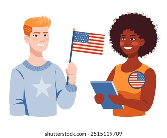 Um par multicultural de americanos usando o botão da campanha e segurando a bandeira nacional dos EUA. Personagens de desenho animado de meio corpo sobre fundo branco. Grupo de homens e mulheres. Conceito eleitoral. Ilustração vetorial.