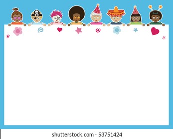 multicultural party children holding blank white message board