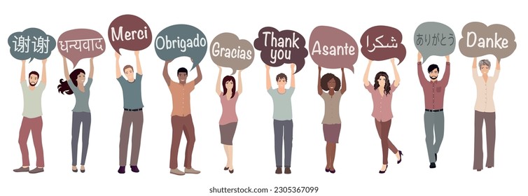 Multicultural people with arms raised from different nations and continents holding hands speech bubbles with text -thank you- in various international languages.Communication.Equality