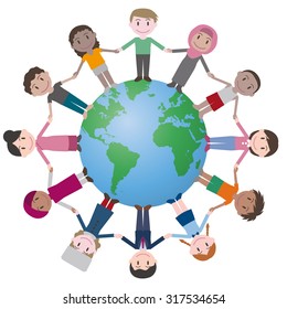 Multicultural People Around Earth Holding Hands Stock Vector (Royalty ...