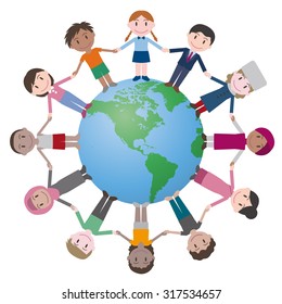 multicultural people around earth, holding hands.