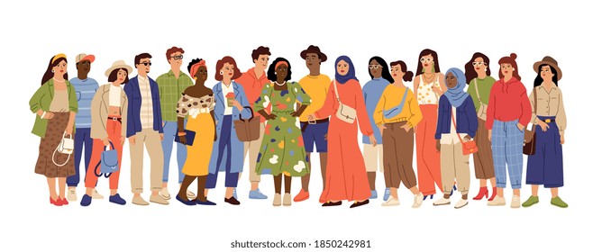 Multicultural people crowd. Diverse person group, isolated multi ethnic community portrait. Adult african european swanky vector characters
