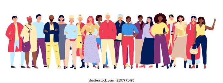 Multicultural People Crowd. European Lifestyle Young Women Men, Business And Casual Wear Characters. Friends Community, Adults Team Utter Vector Concept