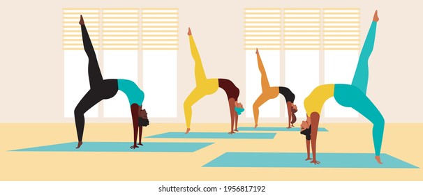 Multicultural people are doing yoga asanas. Flat vector stock illustration. Group of women on yoga mats. Different ethnic group, Afro person. Pose or asanas. Vector graphics