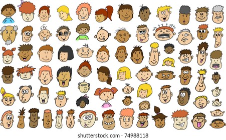 Multicultural People Face doodle sketch Vector Illustration set