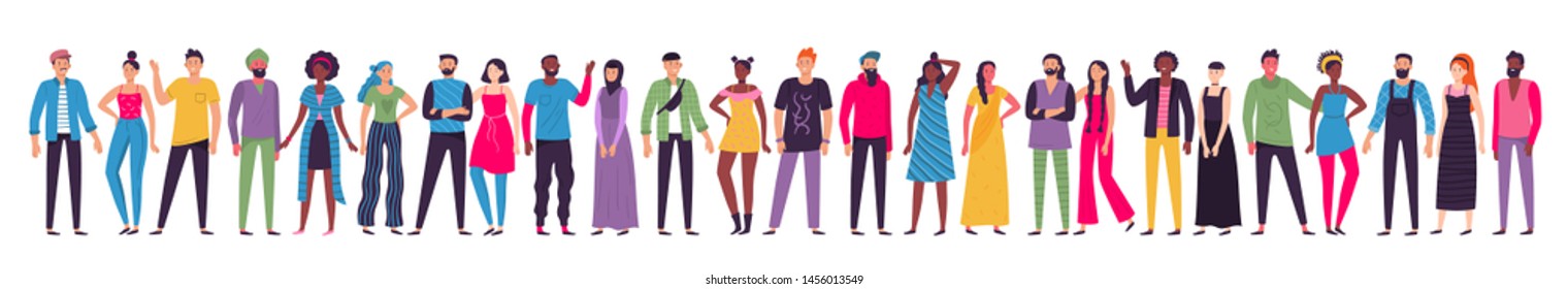 Multicultural people group. Adult citizens, workers team standing together and multiethnic society. Human resources diversity, different society characters togetherness unity vector illustration