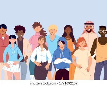multicultural people, group of people in casual clothes standing vector illustration design