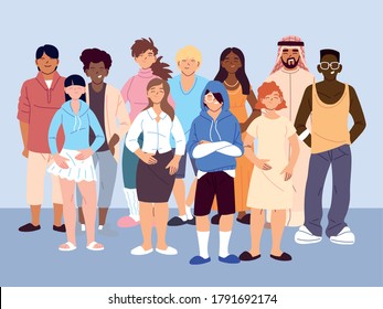 multicultural people, group of people in casual clothes standing vector illustration design