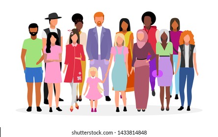 Multicultural people group flat vector illustration. Different nationalities, races women and men cartoon characters. Multiracial caucasian and afro american young adults, diverse girls and guys