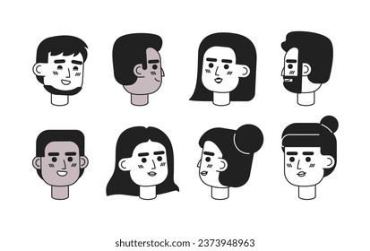 Multicultural people happy black and white 2D vector avatars illustration set. Different gender and age women, men outline cartoon character faces isolated. Smiling flat user profile images bundle