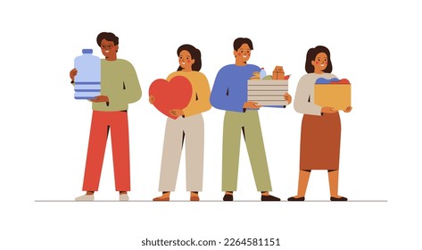 Personas multiculturales sostienen artículos de donación: ropa, agua, comida. Hombres y mujeres dan cosas y productos para la caridad. Concepto de apoyo y atención. Ilustración del vector