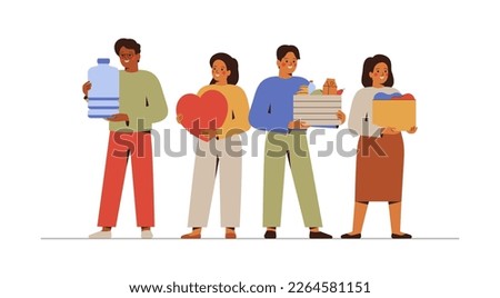 Multicultural people hold donation items: clothing, water, food. Men and women give things and products for charitable. Support and care concept. Vector illustration