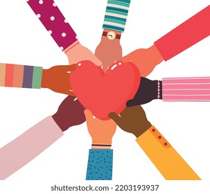 Multicultural people hold hands over heart. Concept support and assistance, cooperation, friendship, volunteer charity of multi-year people. Group of volunteers hold their hands in a circle.