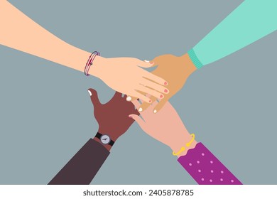 Gente multicultural tomándose de la mano. Manos en círculo. Concepto de grupo de voluntarios. Ilustración vectorial.