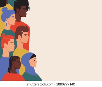 Multicultural people isolated, copy space template. Flat vector stock illustration. Multicultural men, women, different ethnic. Concept multicultural society, social justice. Afro, European, Islamic