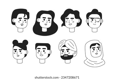 Multicultural people monochrome flat linear characters head. Editable outline people icons. Line users faces. 2D cartoon spot vector avatar illustration pack for animation