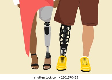 Multicultural People Prosthesis, Amputation, Inclusion. Concept of support and relationship. Flat Vector illustration.