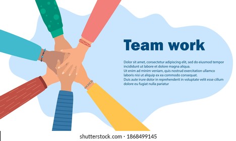 Multicultural People Putting Hands Together. Teamwork, Friendship, Unity, Help, Equality, Support, Partnership, Community, Social Movement Friendship Concept Strong Together Vector Illustration