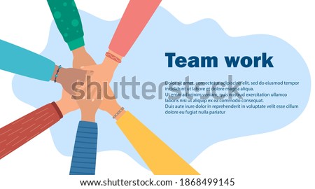 Multicultural people putting hands together. Teamwork, friendship, unity, help, equality, support, partnership, community, social movement friendship concept Strong together Vector illustration
