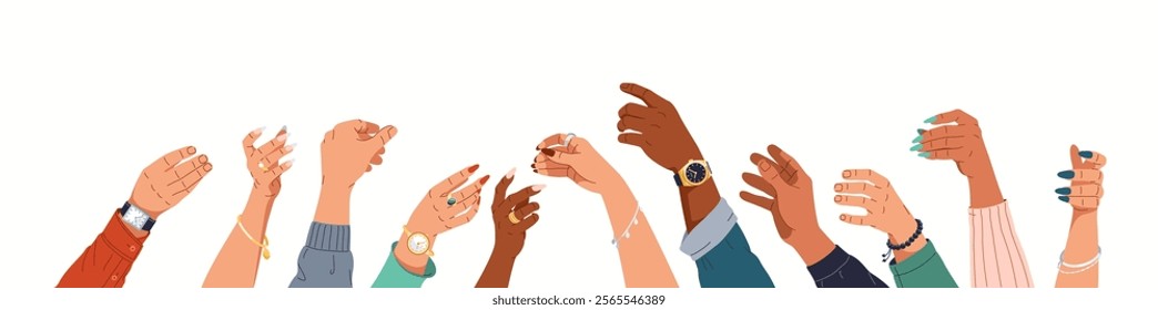 Multicultural people raising hands in imitation of holding glasses gestures flat color vector illustration. Men and women arms cartoon composition on white