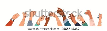 Multicultural people raising hands in imitation of holding glasses gestures flat color vector illustration. Men and women arms cartoon composition on white