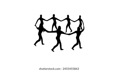 Multicultural people, people in a round dance, black isolated silhouette