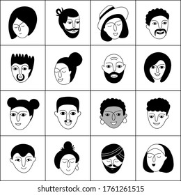 A multicultural people seamless pattern. Hand-drawn vector illustration with woman and man faces on a white background. 