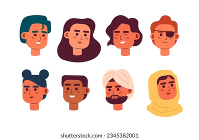 Envase de caracteres vectoriales de color semi-plano de personas multiculturales. Coloridos íconos de avatar. Emociones editables al estilo de las caricaturas. Conjunto simple de ilustraciones puntuales para el diseño gráfico web