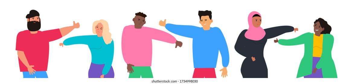 multicultural people showing thumbs up and thunb down. like and dislike gesture negative or positive feedback  vector illustration