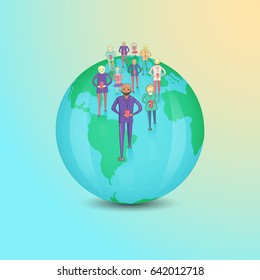 Multicultural People with Smartphones Walking on the Globe as a Concept of Mobile Technology Wide Spreading. Vector EPS10