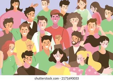 Personas multiculturales se unen como grupo. Multitud de diversidad social humana. Unidad en la diversidad. Sociedad multinacional. Trabajo en equipo, cooperación, concepto de amistad. ilustración vectorial plana.