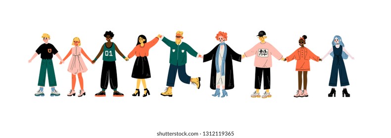 Multicultural People Standing in Row Together Holding Hands, Friendship, Tolerance Vector Illustration