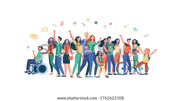 Multicultural people standing together\
isolated flat vector illustration. Cartoon diverse characters of\
multinational community members. Society and public\
concept