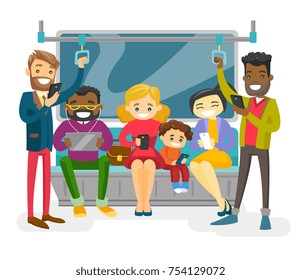 Multicultural people traveling by public transport and using their smartphones and tablet. Group of African, Cacasian, Asian passengers in public transport. Vector isolated cartoon illustration.