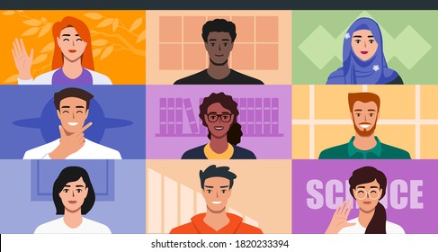 Multicultural People Video Conference for Online Virtual Meetings, Work from Home WFH Concept. Teleconference TV Webinars or Remote Team Working. Vector Illustration in Flat Design Cartoon Style.