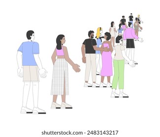 Multicultural people walking strolling 2D linear cartoon characters. Diverse tourists group isolated line vector people white background. Sightseeing travelers adults color flat spot illustration