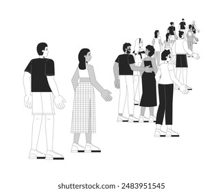 Multicultural people walking strolling black and white 2D line cartoon characters. Diverse tourists group isolated vector outline people. Sightseeing travelers monochromatic flat spot illustration